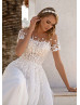 Short Sleeves Beaded Ivory Lace Tulle Romantic Wedding Dress
